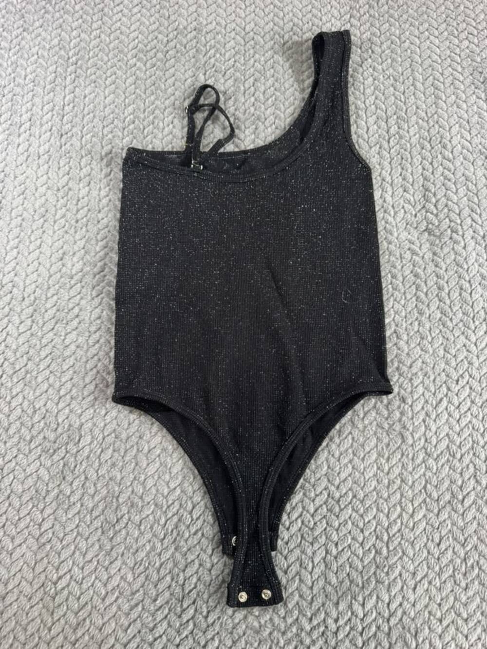 Suzette Collection Women’s Bodysuit Black Sparkle Shimmer Asymmetric Snap